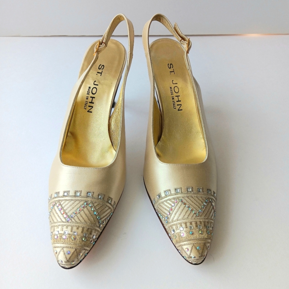 St. John Satin Beaded Light Gold Slingback Heels Size 8.5 AA